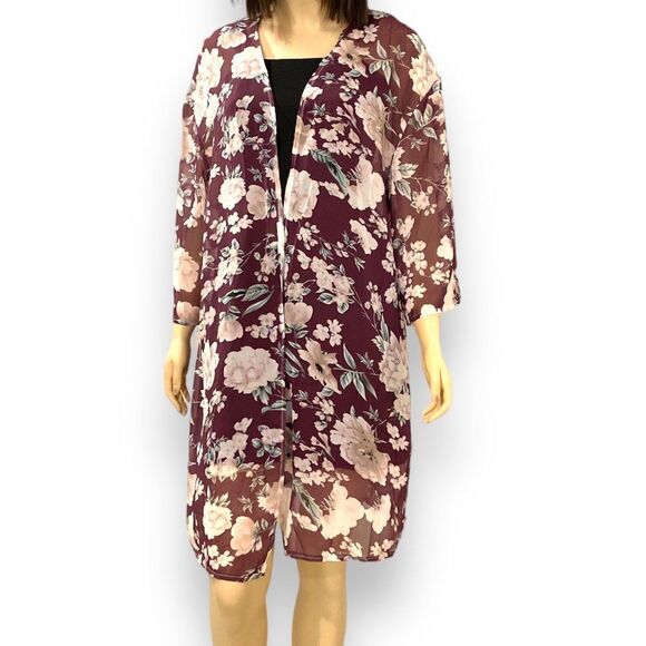 Floral Burgundy Thigh Length Summer Kimono Robe NEW - Picture 2 of 4